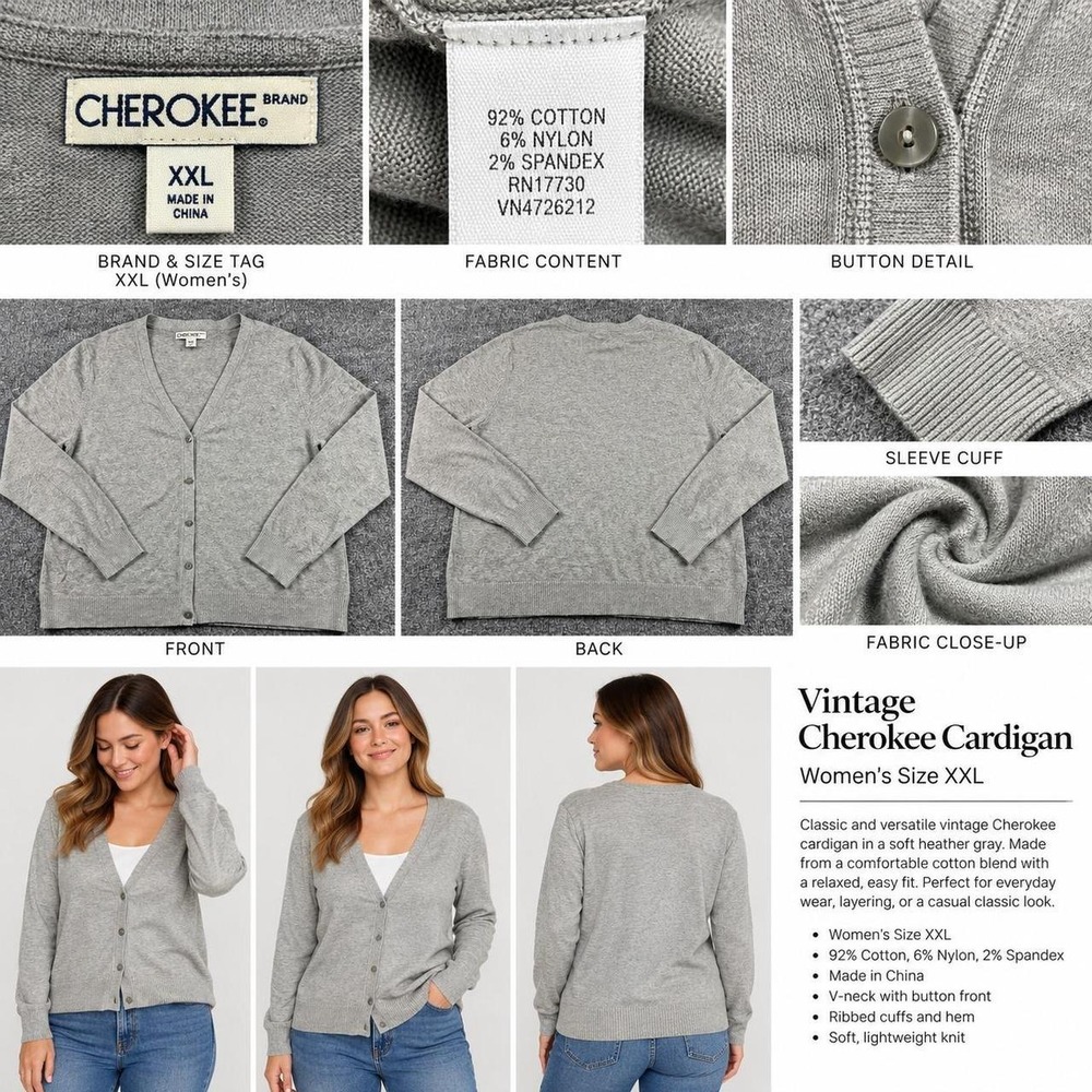 Cherokee Women XXL Sweater Heather Gray V-Neck Button Up Cardigan Long Sleeve